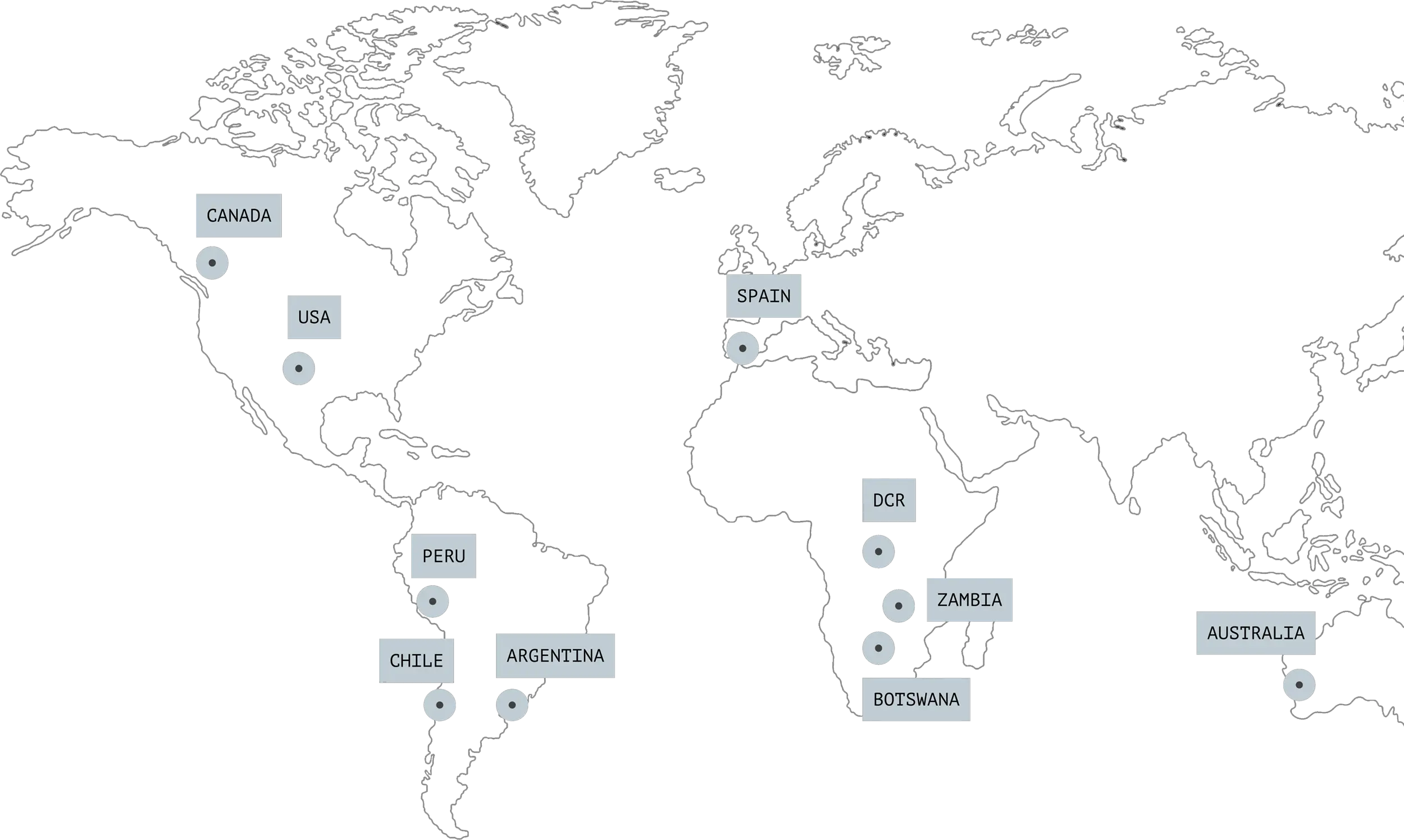 Map demonstrating where the company’s operations are: marking Canada, the USA, Spain, Peru, Chile, Argentina, the Democratic Republic of the Congo, Zambia, Botswana, and Australia.